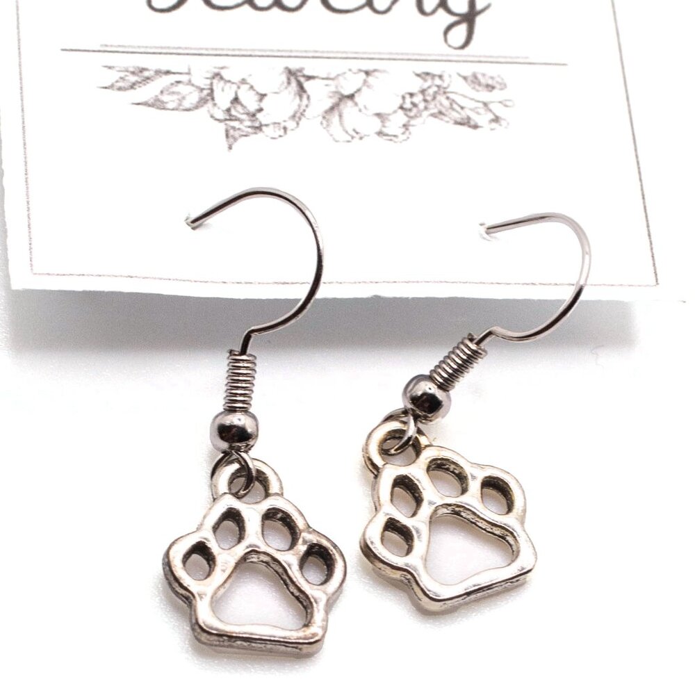 Handmade Silvetone Mini Hollow Pet Paw Print Dangle Earrings, New
